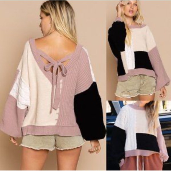 POL Color Block Knit Sweater Tie Front Cropped Balloon Sleeve Pink Cream Black M - Picture 1 of 9